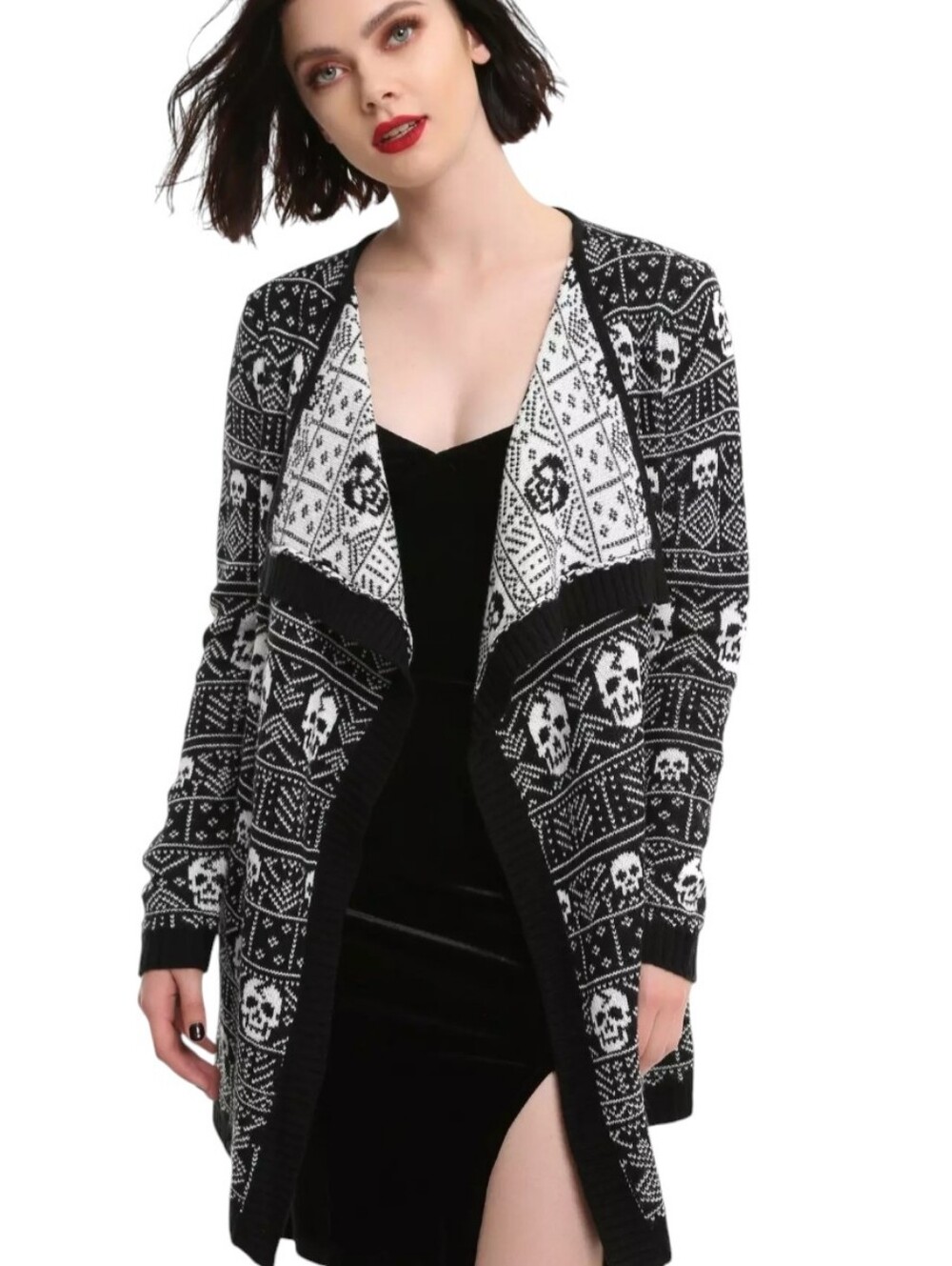Hot Topic Black & White Skull Fair Isle  Flyaway Cardigan Size Small
